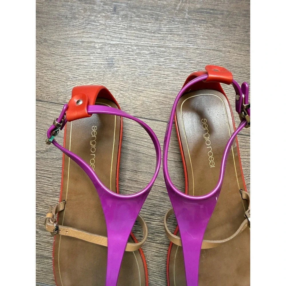 Sergio Rossi Jelly Sandals Purple Orange T-Strap Flat Made in Italy 38